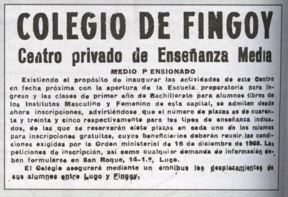 Anuncio do Colexio Fingoi, 1950